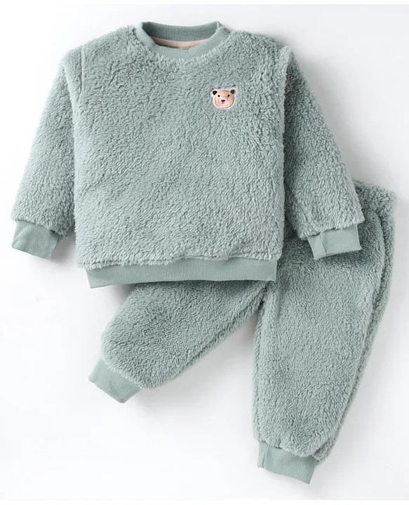 Little Kangaroos Fur Knit Full Sleeves Winter Wear Co-Ord Set With Bear Embroidery Detail - Mint Green